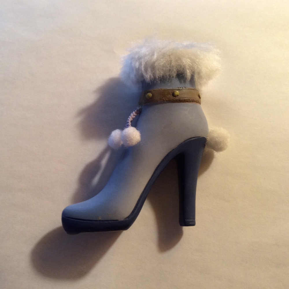 Miniature High Heel Pale Blue Boot With White Faux Fur Trim and PomPoms